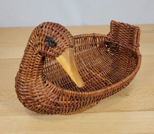 Vintage Wicker Duck Basket Woven Rattan Wood Decor Bird Cottagecore